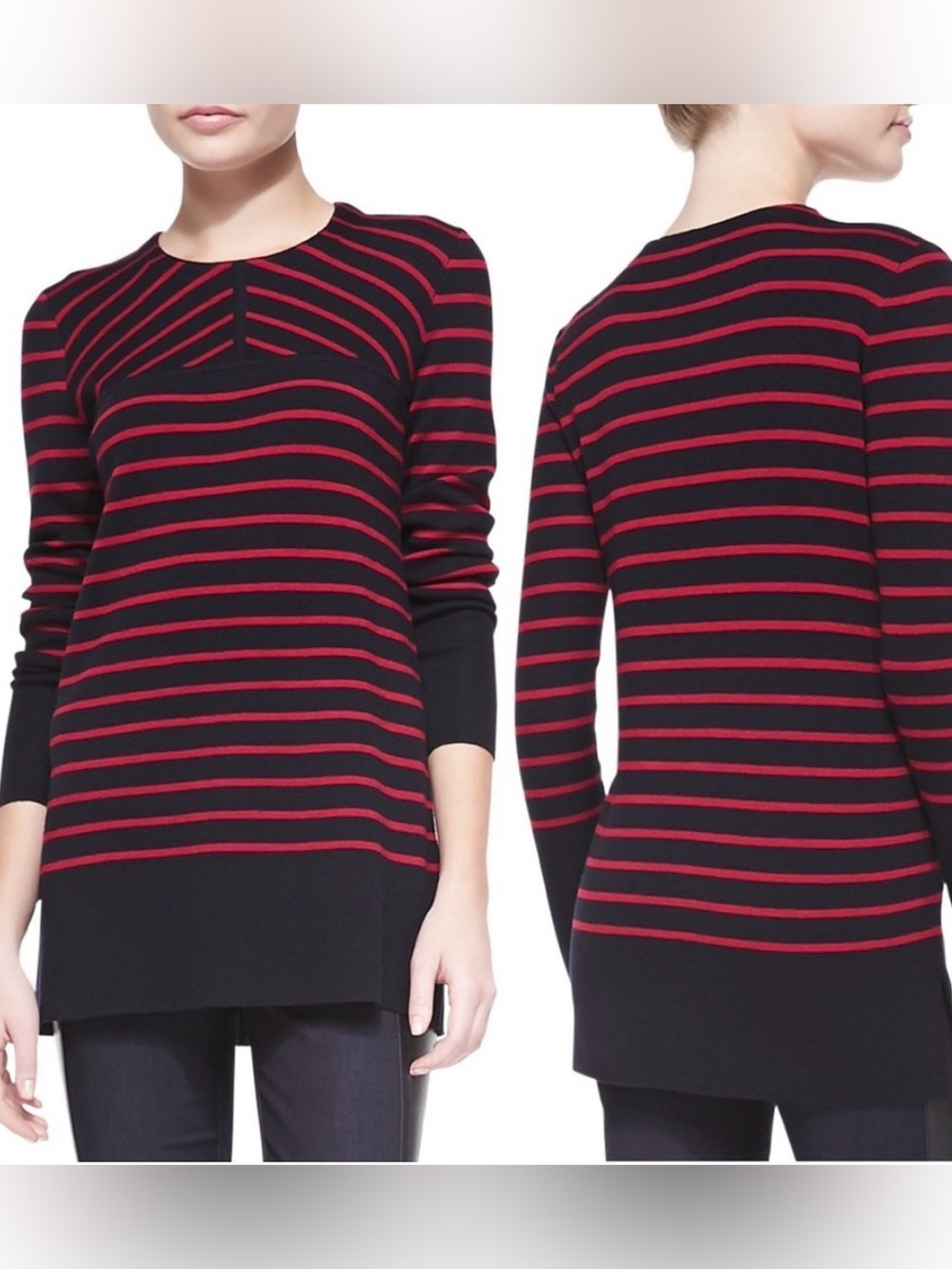 Tory Burch Seraphina Crew Neck Tunic Sweater Navy & Red Stripes 100% Merino Wool